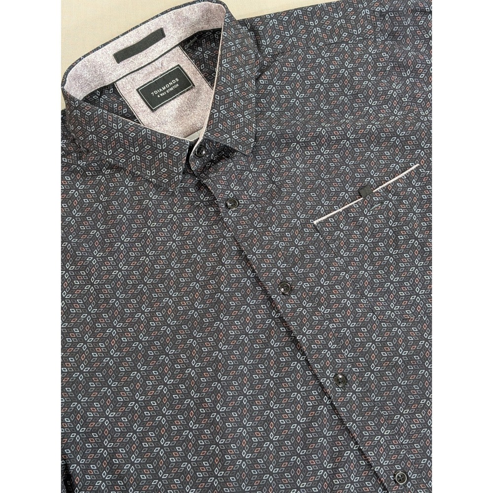 7 Diamonds Shirt 4 Way Stretch Mens Large Black Geometric Short Sleeve Button Up